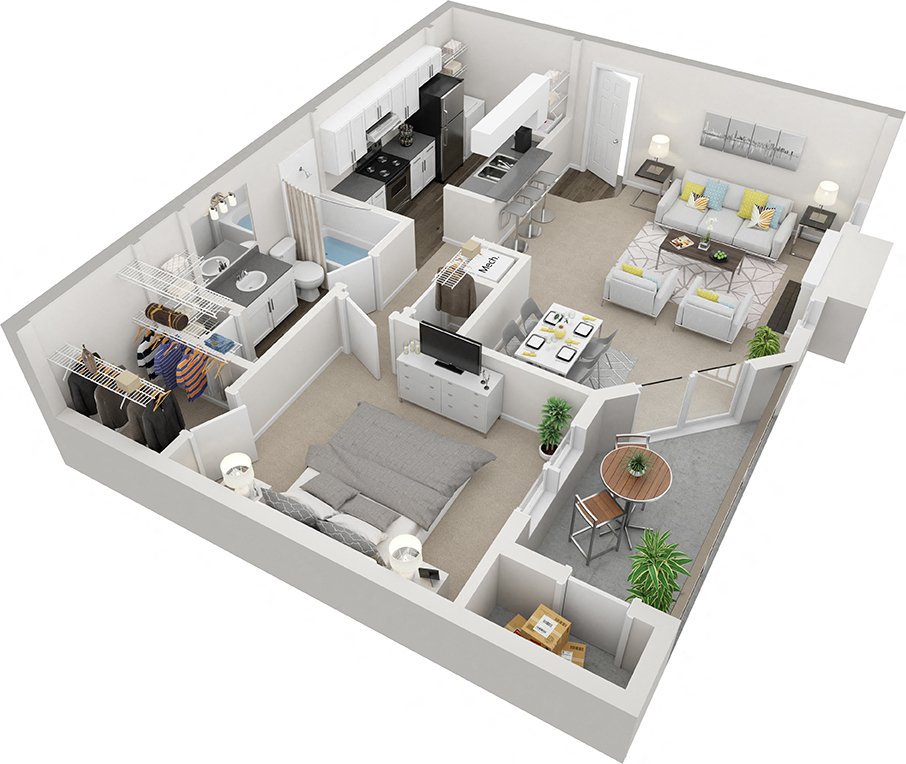 Floor plan for 1 bed, 1 bath, 750 sqft